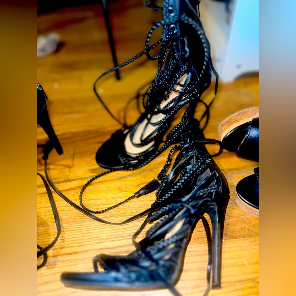 Just fab stiletto heels black leather straps zip back